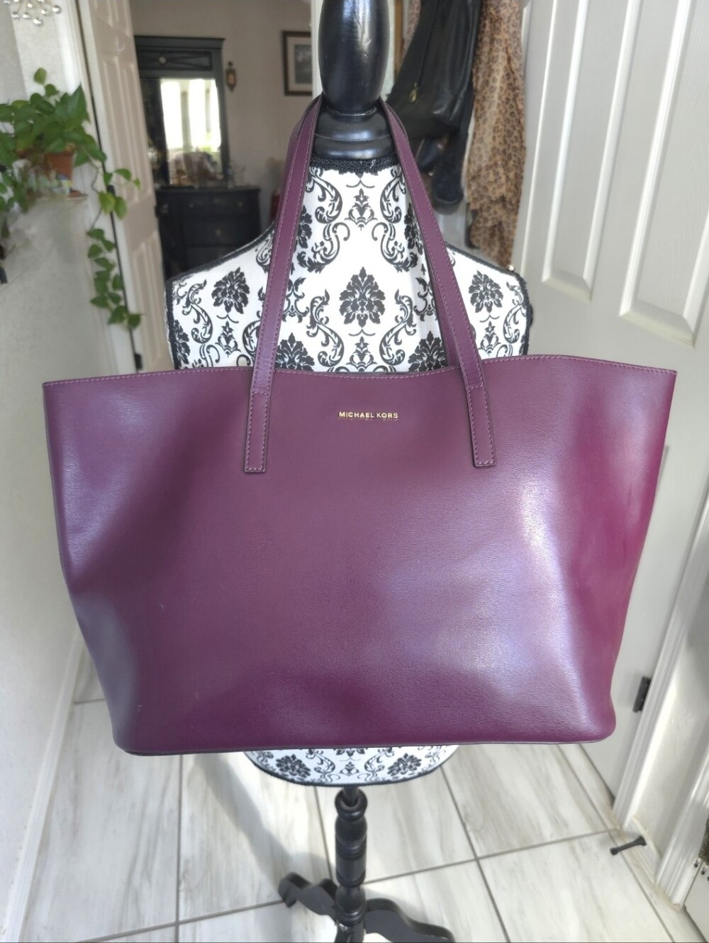 Michael Kors Plum Emry Large Leather Tote Bag Everyday Carry